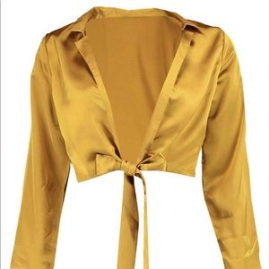 boohoo petite rosie tie front satin shirt